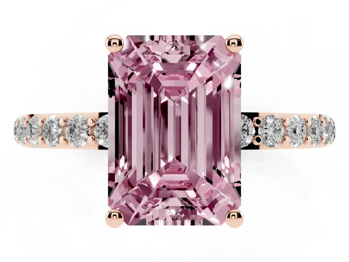 Fancy Pink Emerald Cut Diamond Solitaire Ring with Round Pavé Shoulders and Prong Setting Rose gold