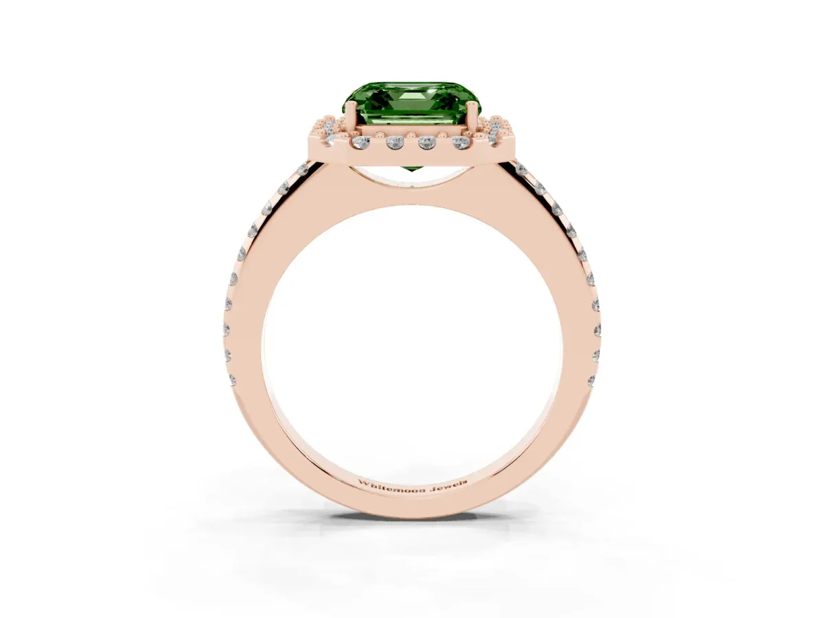 Fancy Green Asscher Cut Diamond Pavé Halo Ring with Four-Prong Setting Rose gold