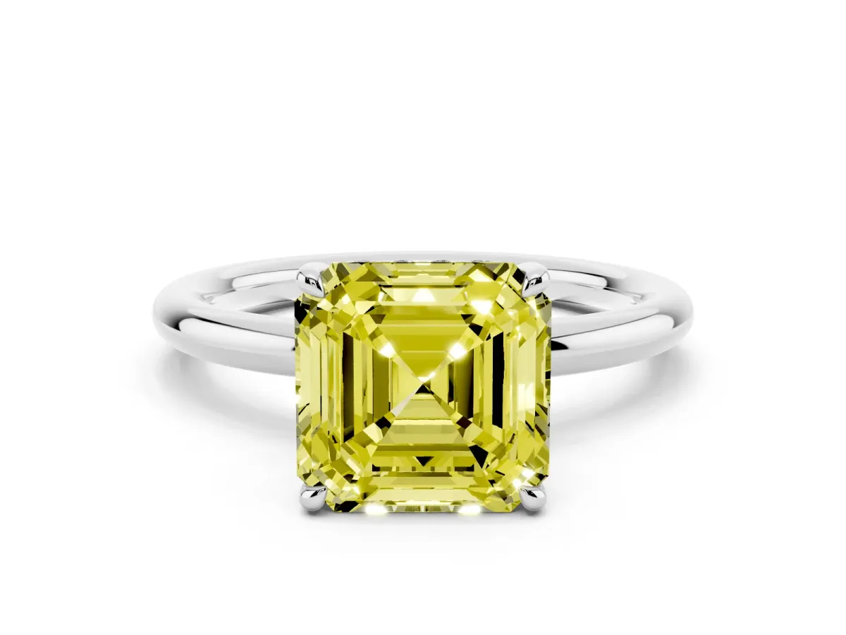 Fancy Yellow Asscher Cut Diamond Solitaire Ring with Thin Band and Four-Prong Setting Silver
