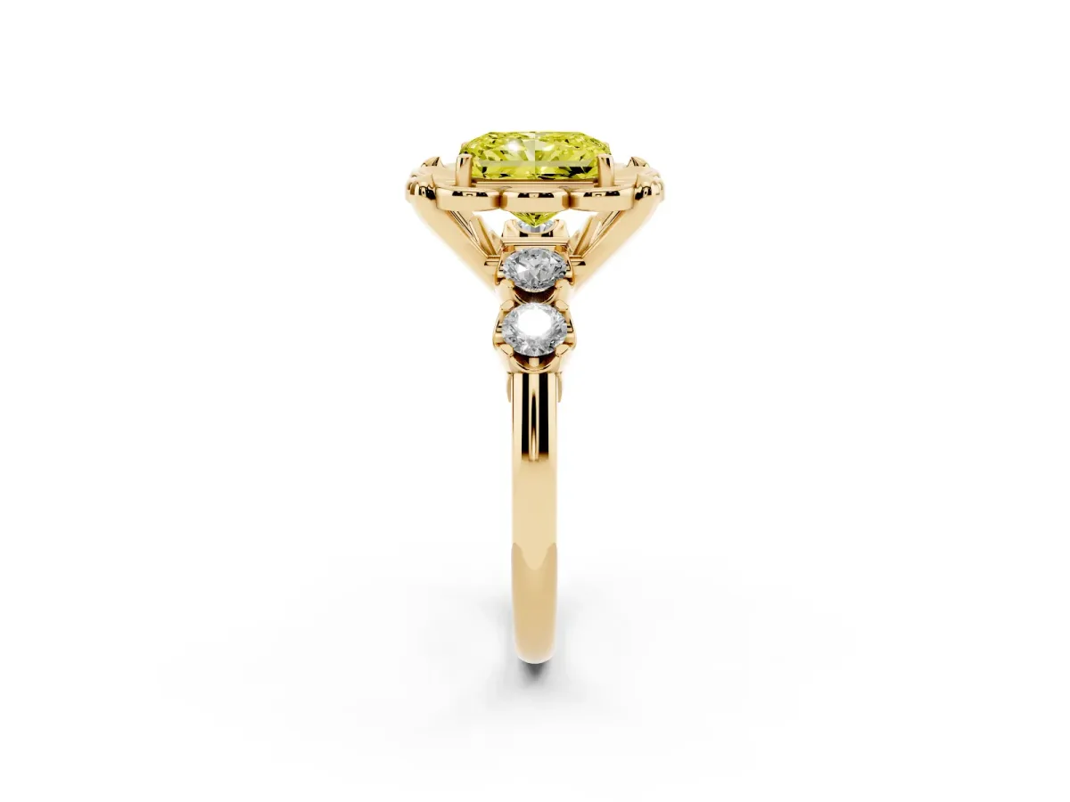 Fancy Yellow Radiant Cut Cut Diamond Floral Halo Engagement Ring with Shared Prong Setting Yellow gold