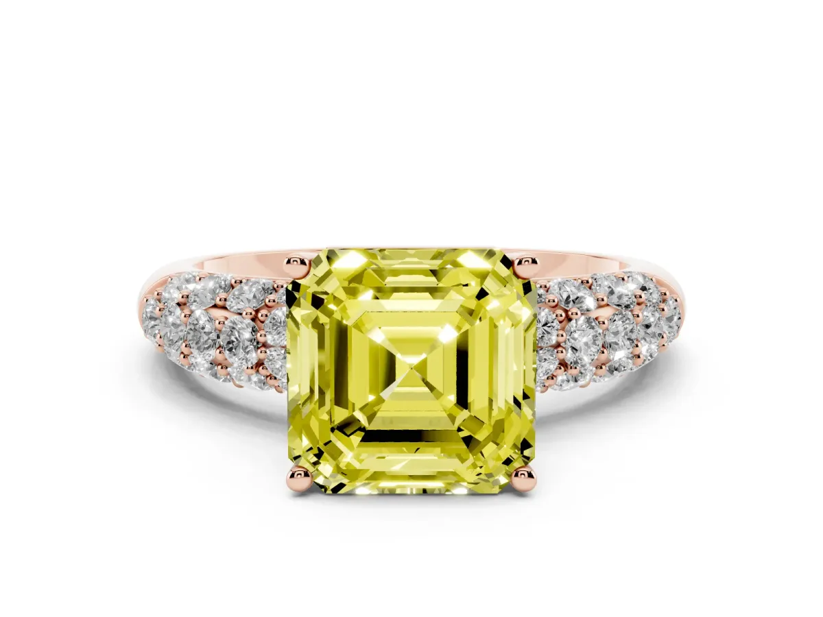 Fancy Yellow Asscher Cut Diamond Pavé Band Solitaire Ring with Four-Prong Setting Rose gold