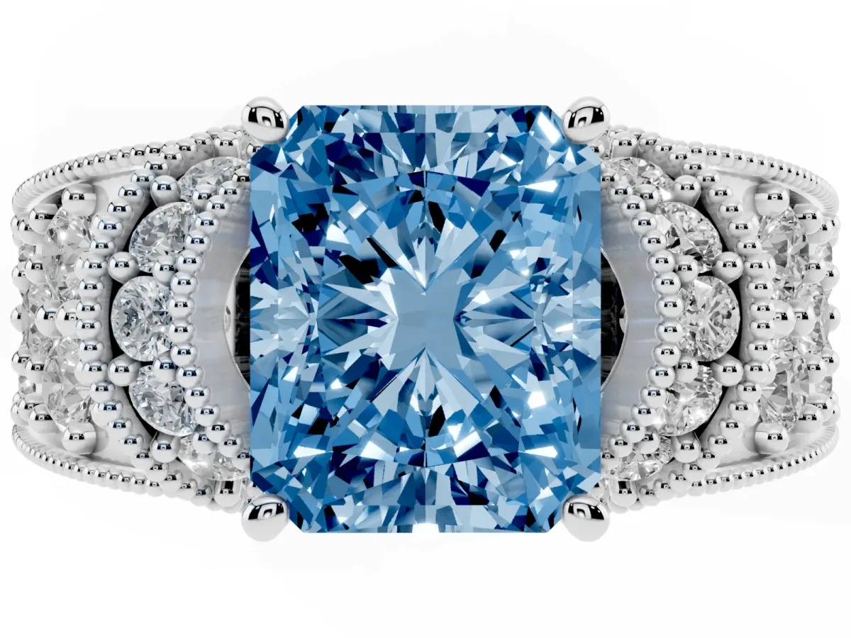 Fancy Blue Radiant Cut Halo Pave Diamond Engagement Ring with Milgrain Detailing Silver