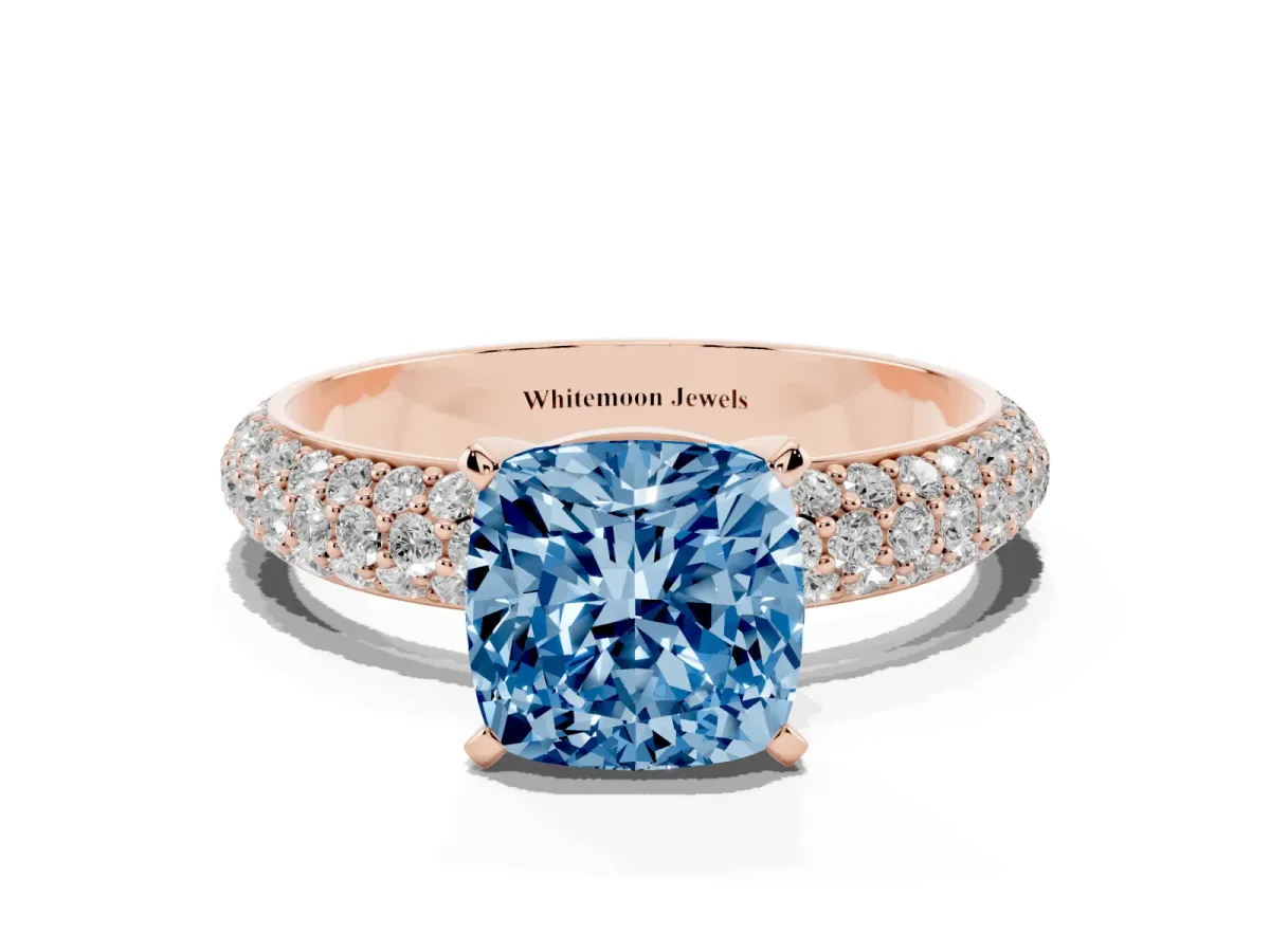 Fancy Blue Cushion Cut Diamond Solitaire Ring with Prong Setting and Pavé Band Rose gold
