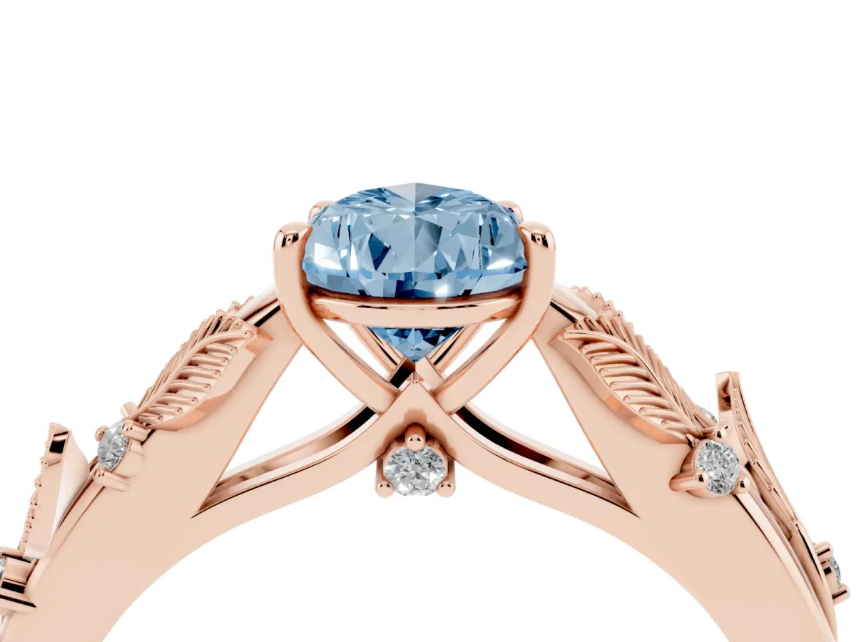 Fancy Blue Pear Cut Diamond Solitaire Ring with Leaf Motif Band and Four-Prong Setting Rose gold