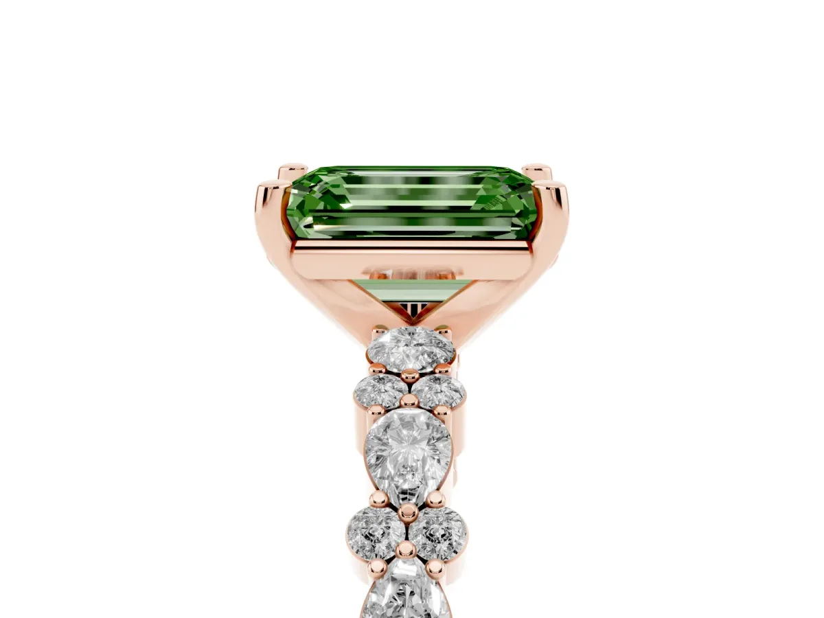 Fancy Green Emerald Cut Diamond Side Stone Solitaire Ring with Round and Four-Prong Setting Rose gold