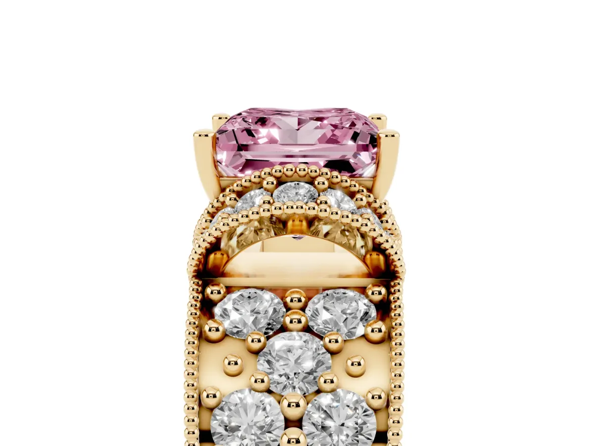 Fancy Pink Princess Cut Halo Pave Diamond Engagement Ring with Milgrain Detailing Yellow gold