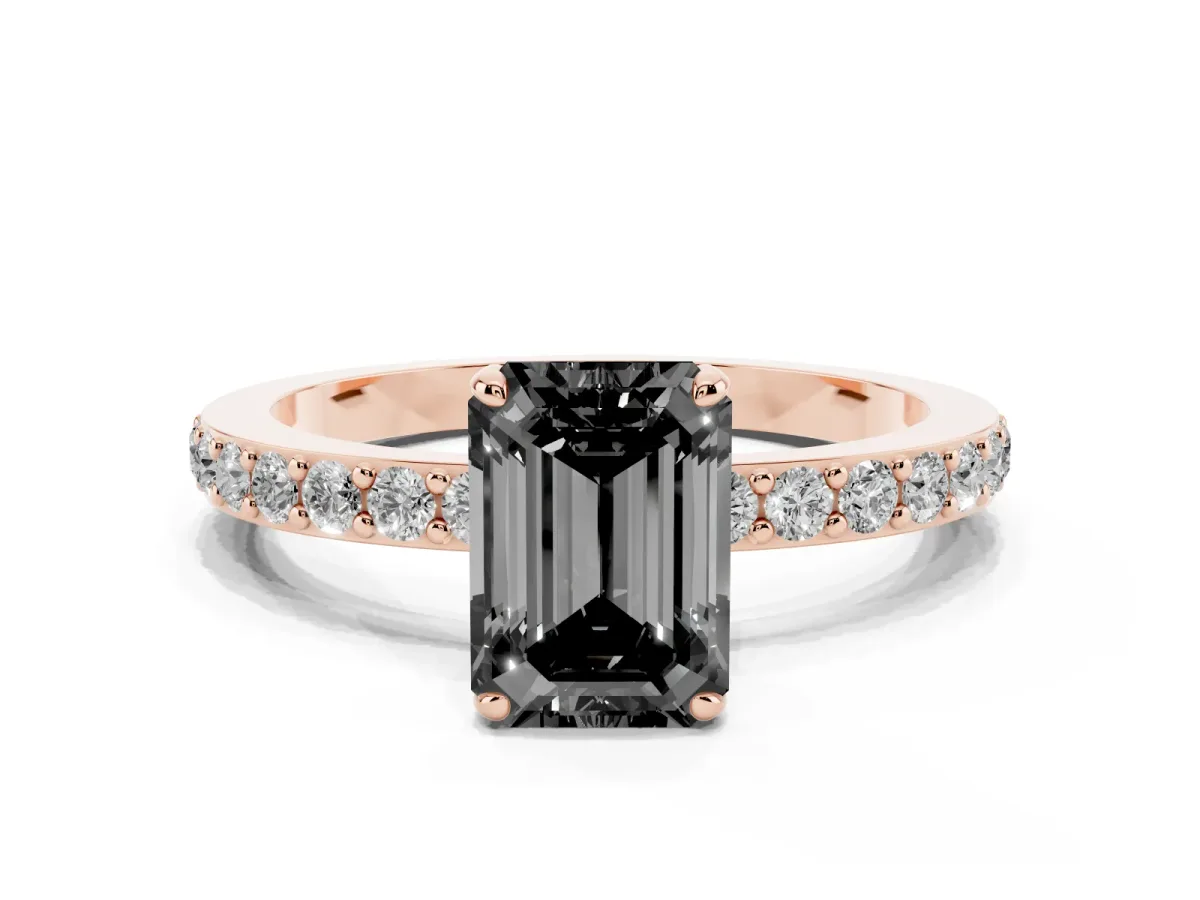 Fancy Black Emerald Cut Diamond Solitaire Engagement Ring with Pavé Band and Four-Prong Setting Rose gold