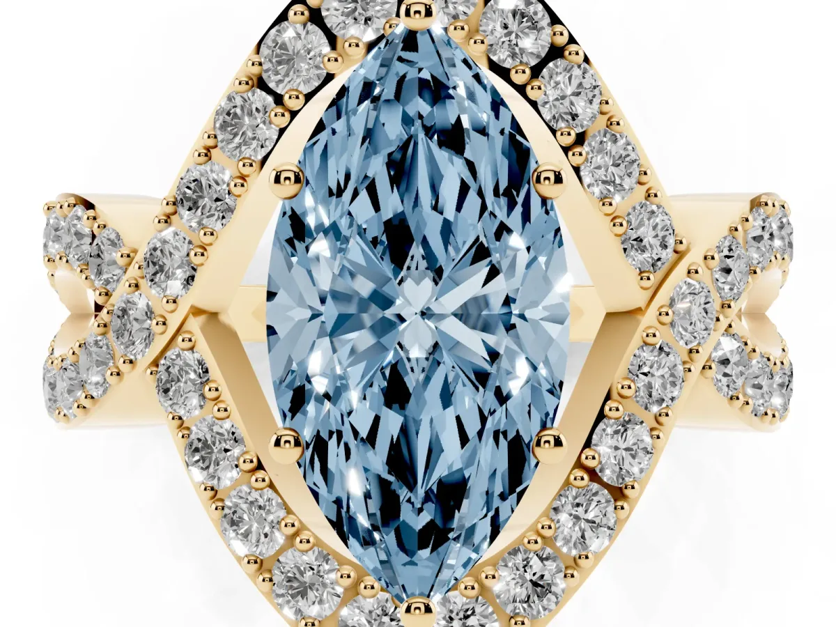 Fancy Blue Marquise Cut Solitaire Twist Band Pavé Diamond Engagement Ring Yellow gold