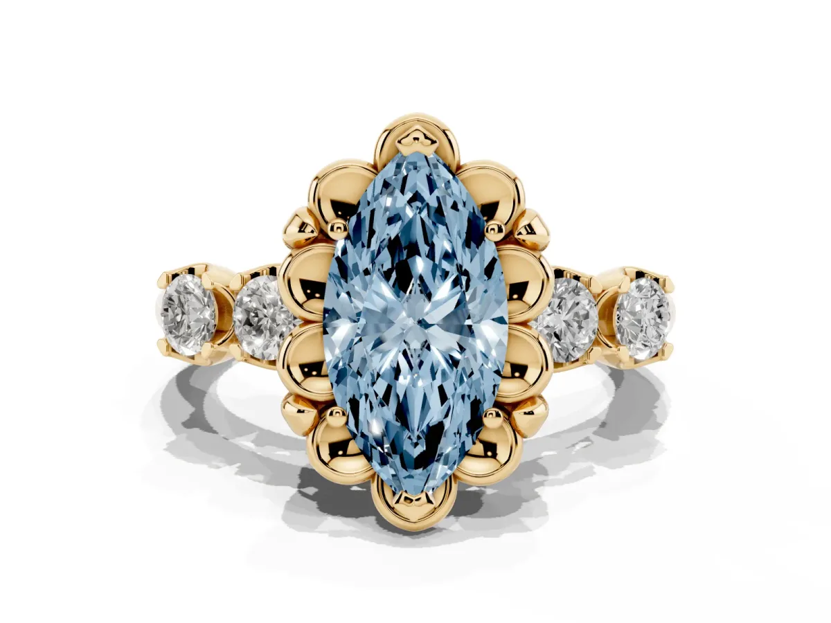 Fancy Blue Marquise Cut Cut Diamond Floral Halo Engagement Ring with Shared Prong Setting Yellow gold