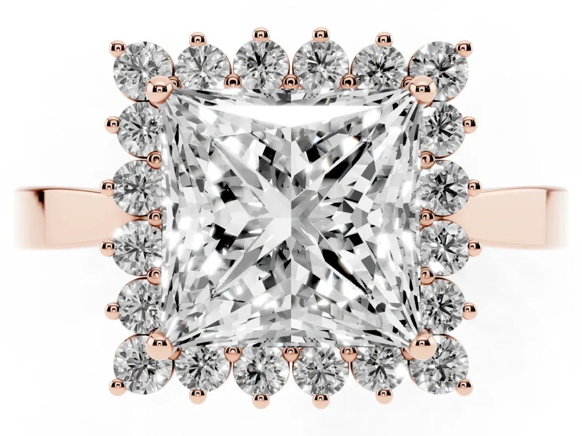 Princess Cut Cut Diamond Halo Ring with Round Brilliant Halo and Solitaire Band Rose gold