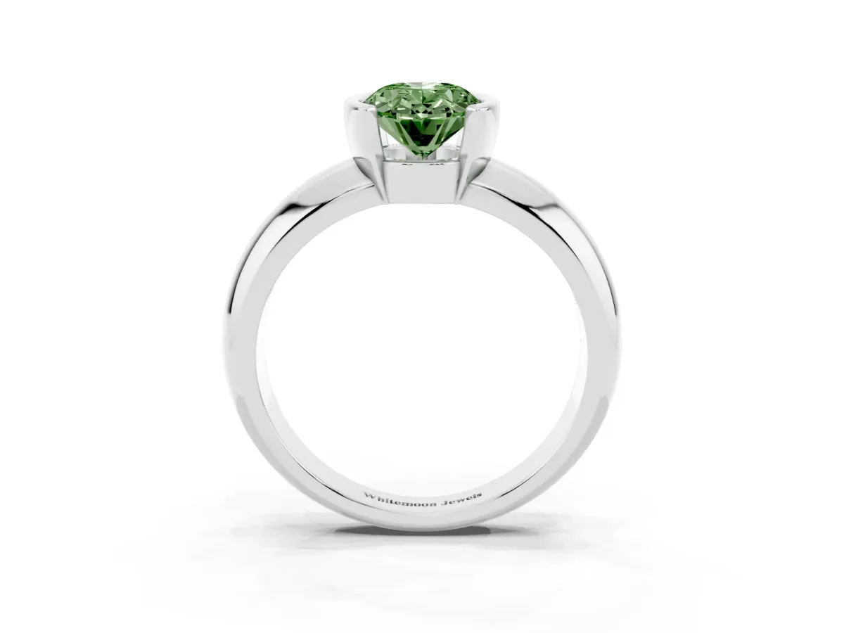 Fancy Green Oval Cut Solitaire Tension Set Diamond Ring with Wide Band Silver