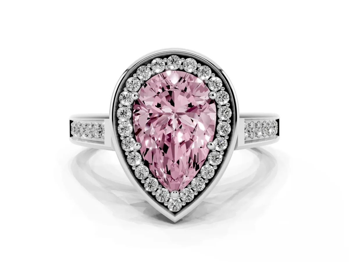 Fancy Pink Pear Cut Halo Solitaire Diamond Ring with Pave Band and Bezel Setting Silver