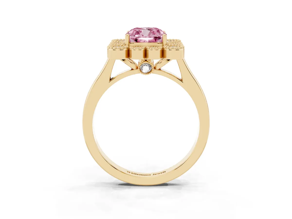 Fancy Pink Cushion Cut Halo Diamond Cluster Engagement Ring with Milgrain Bezel Setting and Solitaire Band Yellow gold