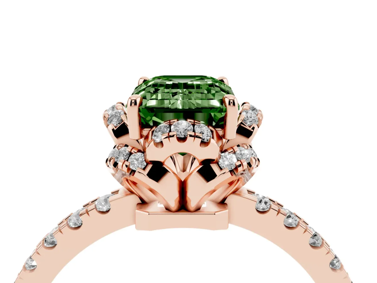 Fancy Green Emerald Cut Diamond Halo Pave Band with Four-Prong Setting Rose gold