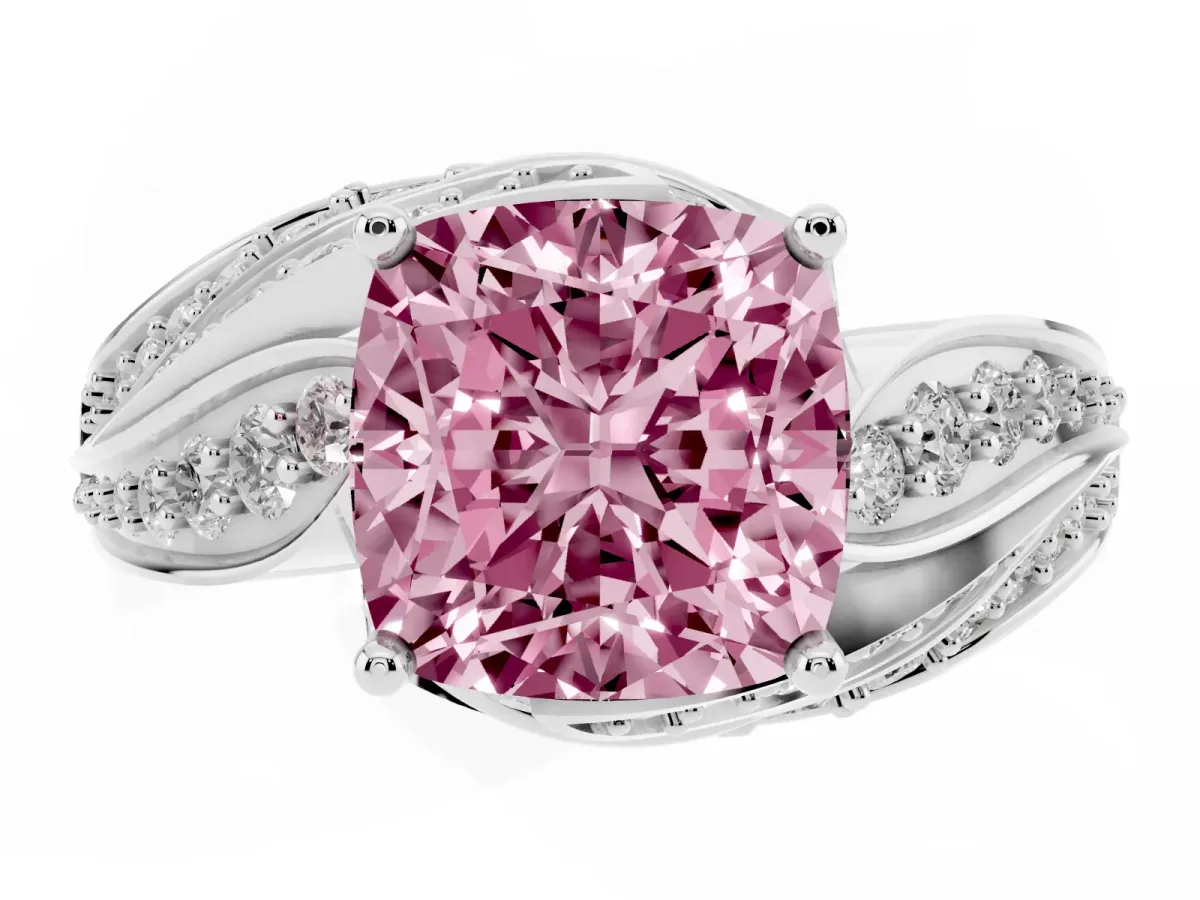Fancy Pink Cushion Cut Diamond Solitaire Ring with Prong Setting and Twisted Pavé Band Silver