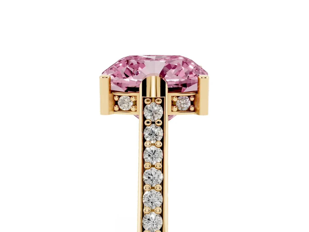 Fancy Pink Cushion Cut Solitaire Diamond Ring with Channel Set Band and Bezel Prong Setting Yellow gold