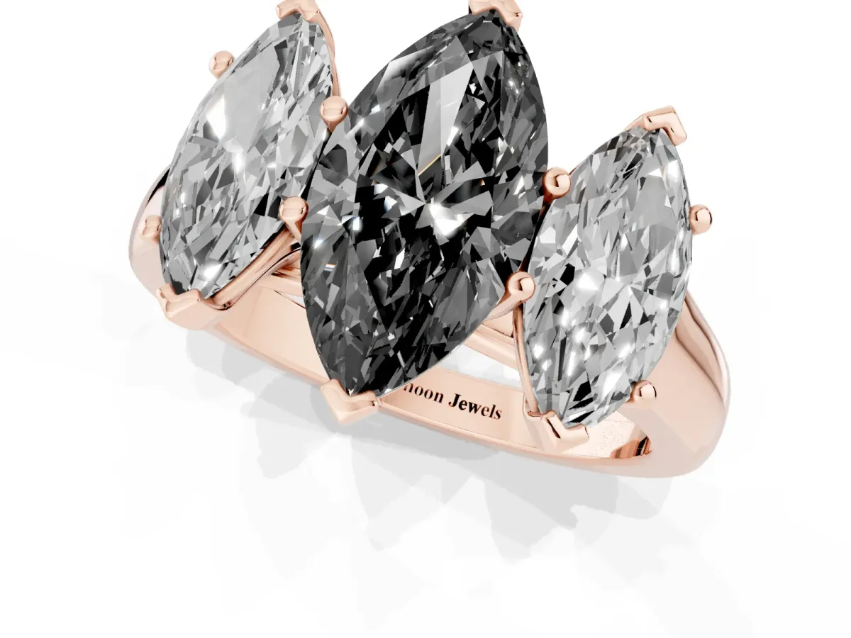 Fancy Black Marquise Cut Three-Stone Diamond Ring with Prong Setting on a Classic Band Rose gold