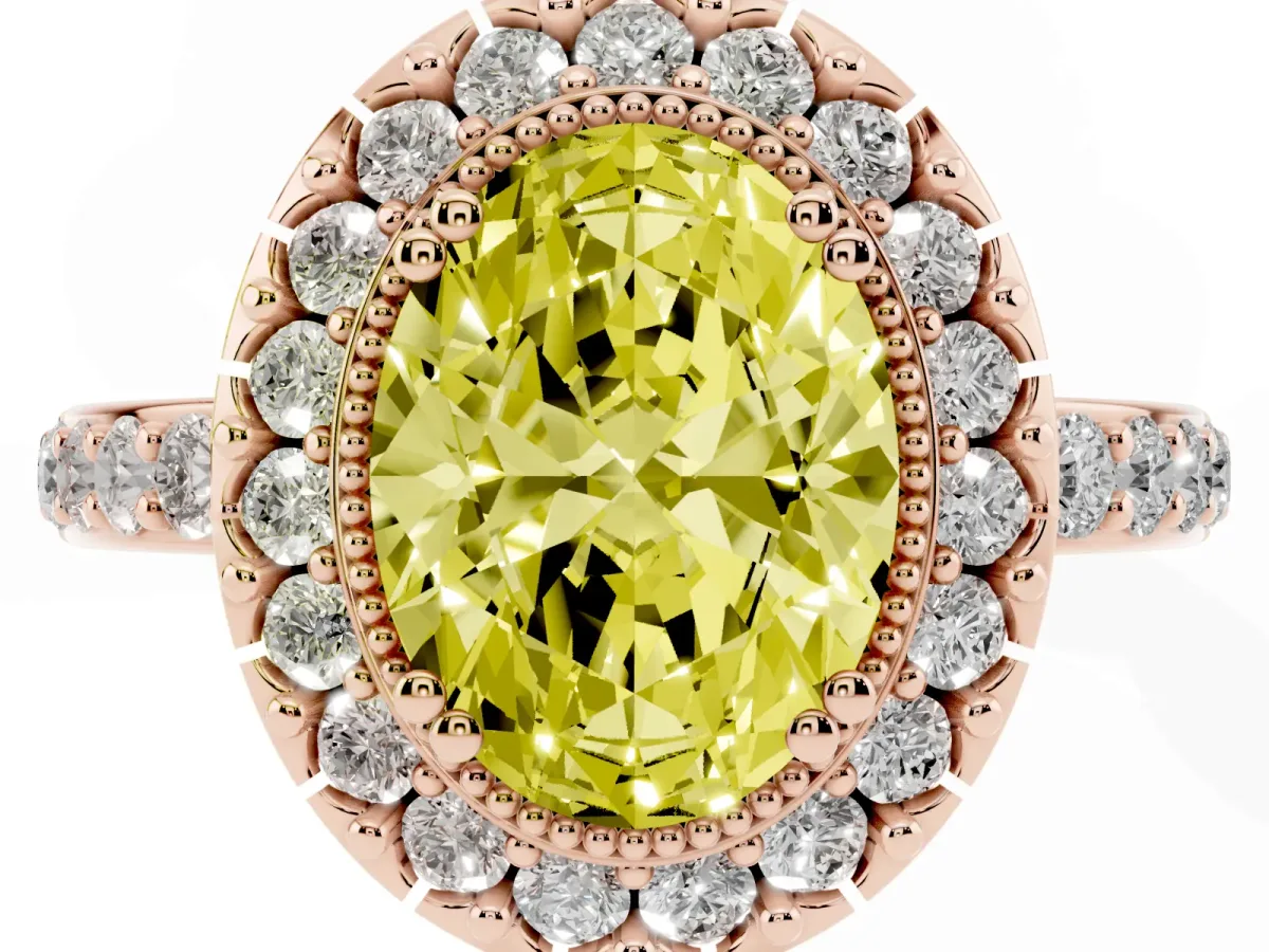 Fancy Yellow Oval Cut Diamond Halo Ring with Pavé Band and Prong Setting Rose gold