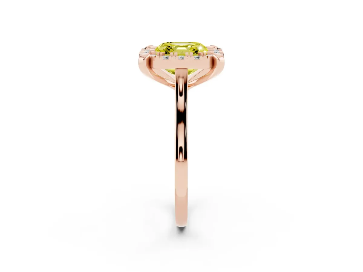 Fancy Yellow Asscher Cut Diamond Cluster Halo Solitaire with Four-Prong Setting Rose gold