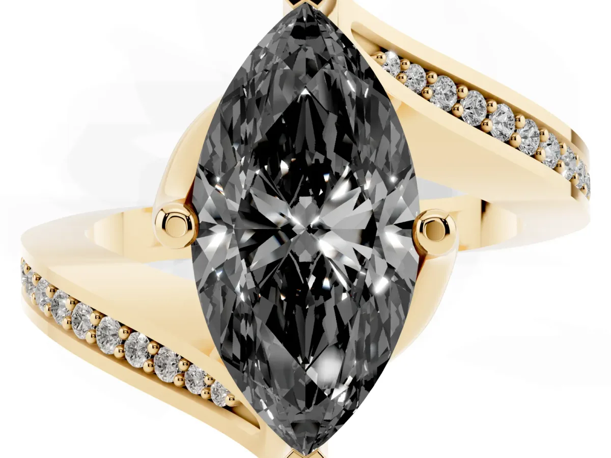 Fancy Black Marquise Cut Solitaire Diamond Twist Band with Pavé Setting and Four-Prong Setting Yellow gold