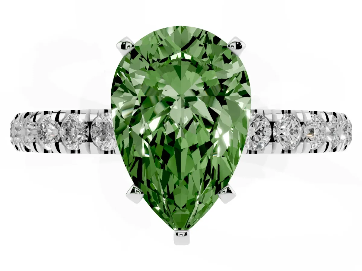 Fancy Green Pear Cut Diamond Solitaire Ring with Pavé Accents and Four-Prong Setting Platinum