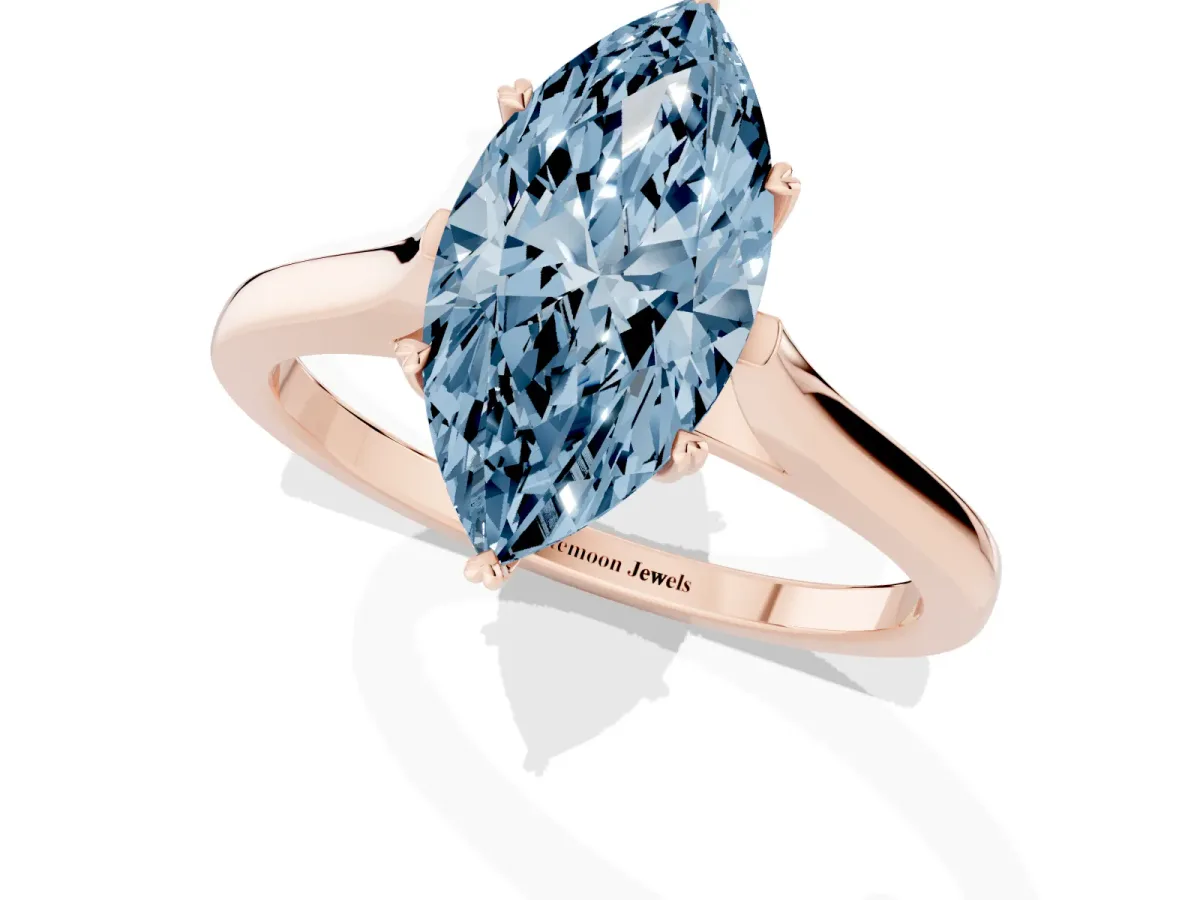 Fancy Blue Marquise Cut Solitaire Heart Prong Engagement Ring with Tapered Band Rose gold