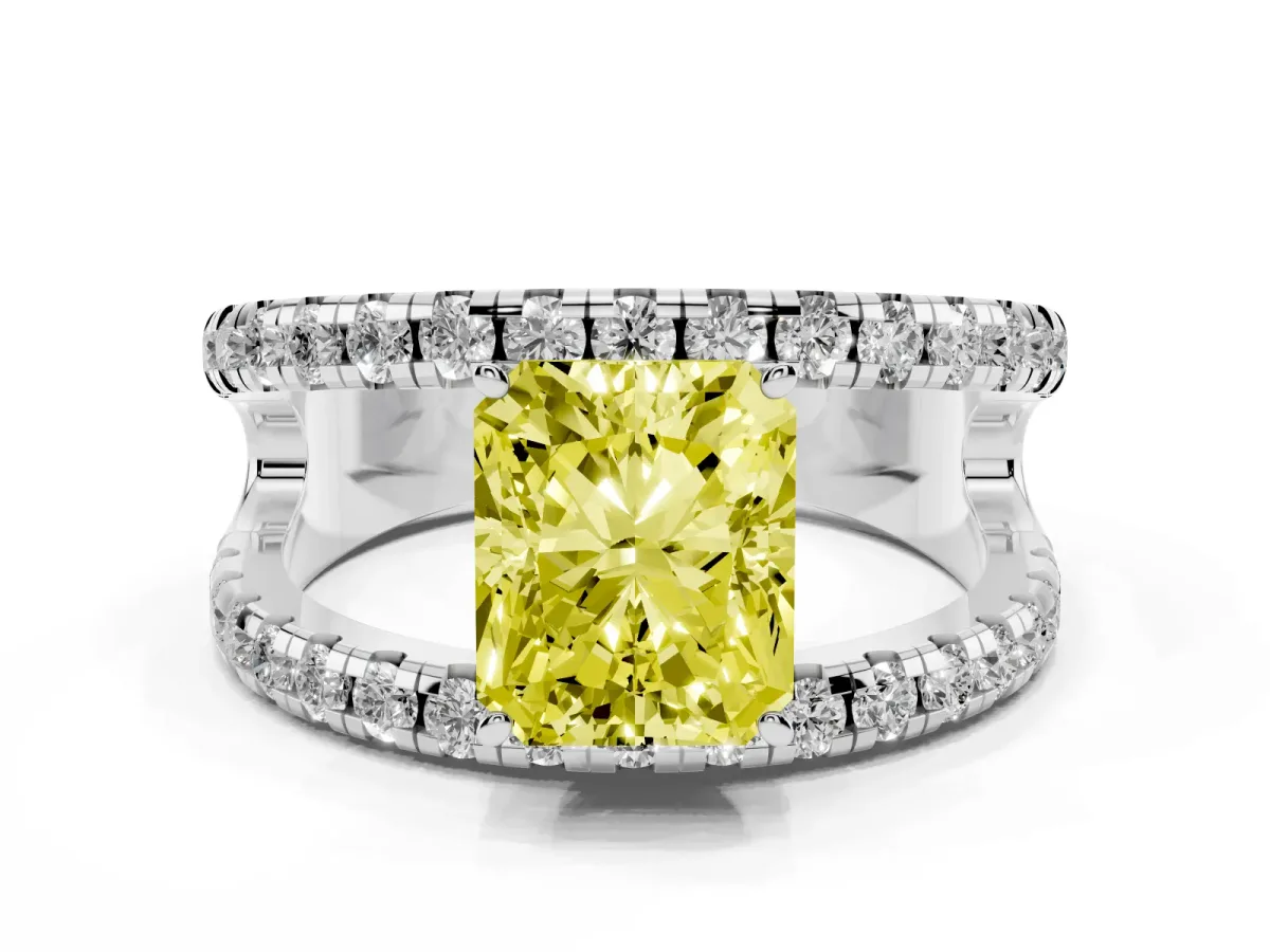 Fancy Yellow Radiant Cut Solitaire Split Shank Pave Diamond Ring Platinum