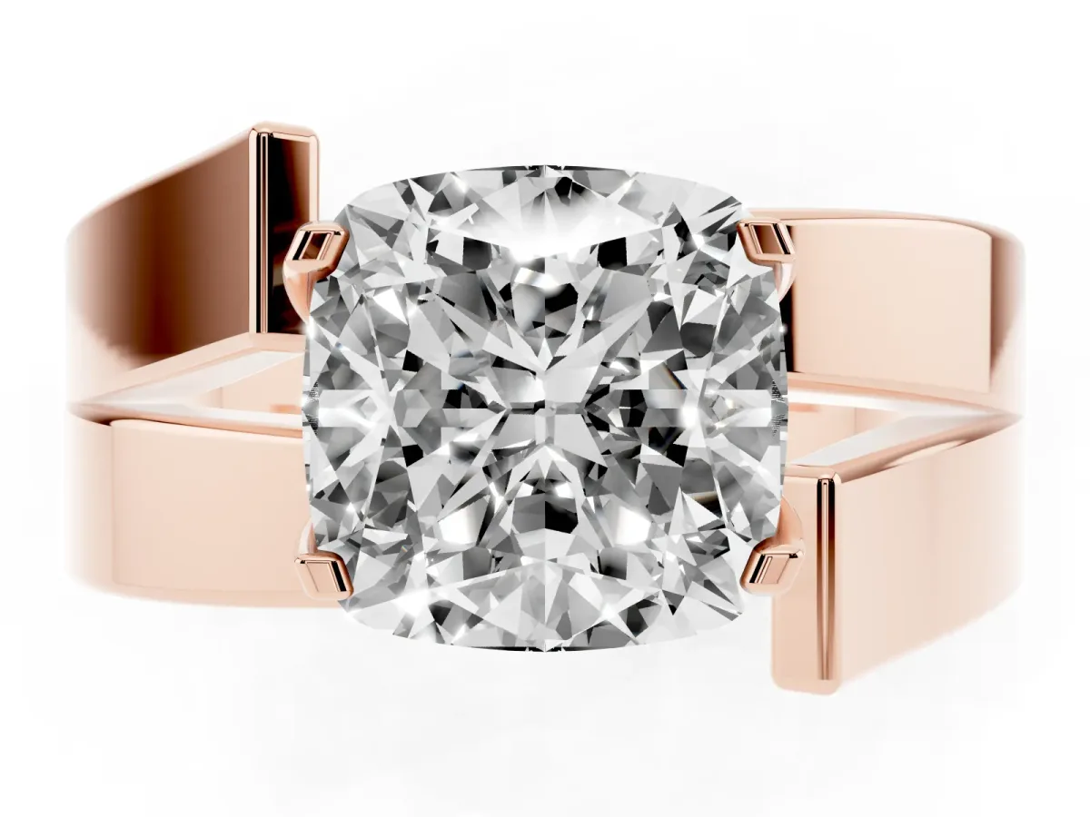 Modern Tension Set Cushion Cut Diamond Solitaire Wide Band Ring Rose gold