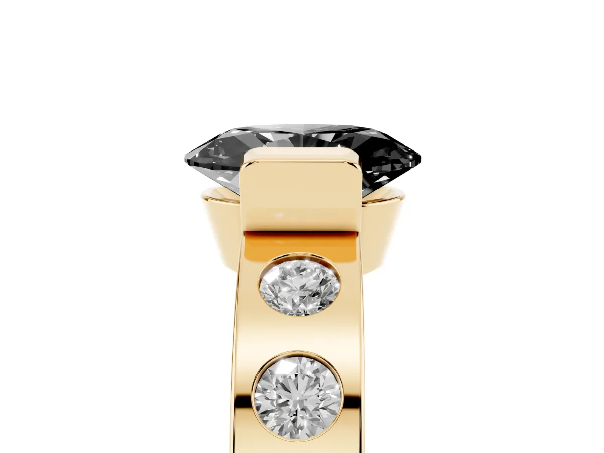 Fancy Black Oval Cut Brilliant Channel-Set Diamond Ring with Bezel Prong Setting Yellow gold