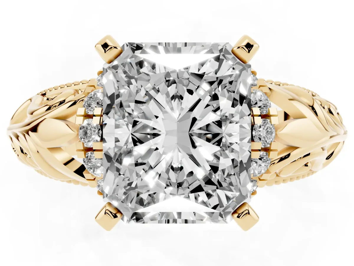 Radiant Cut Solitaire Filigree Engagement Ring with Halo and Prong Setting Yellow gold