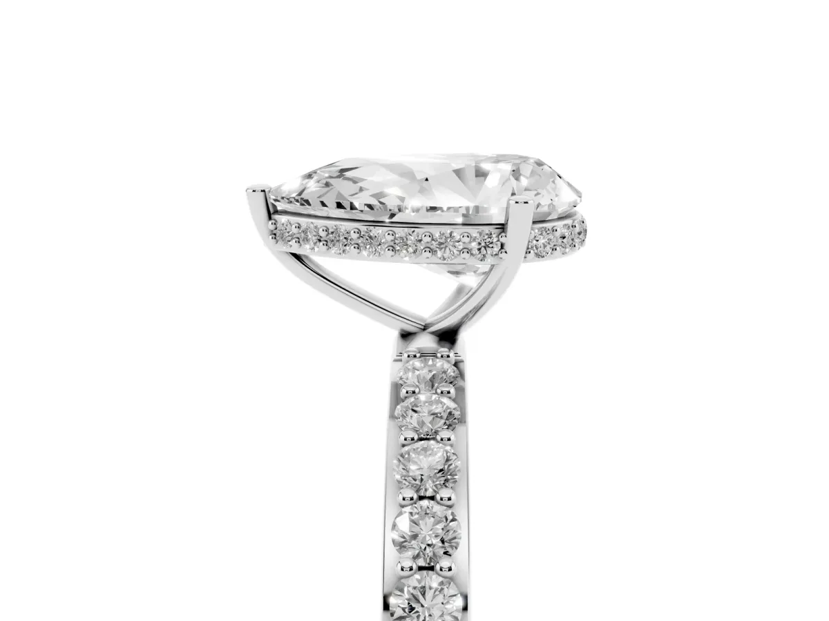 Pear Cut Diamond Solitaire Ring with Pavé Band and Hidden Halo Silver