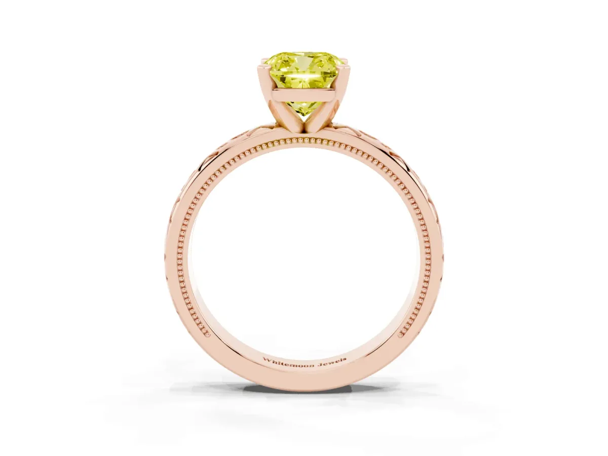 Fancy Yellow Cushion Cut Solitaire Engagement Ring with Scrollwork Band and Four-Prong Setting Rose gold