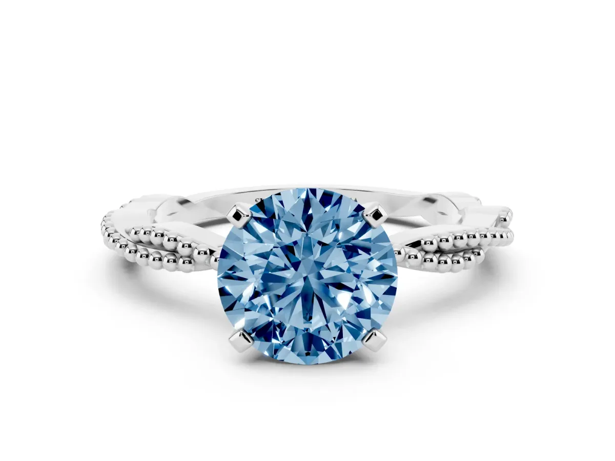 Fancy Blue Round Cut Solitaire Twisted Band with Bead Prong Setting Silver