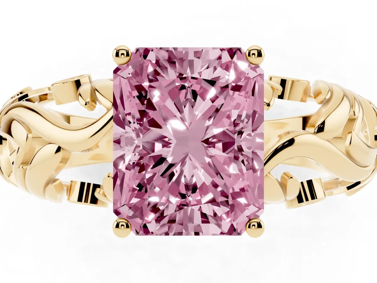 Fancy Pink Radiant Cut Solitaire Diamond Leaf-Inspired Vine Band Ring with Prong Setting Yellow gold