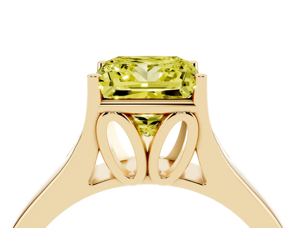 Fancy Yellow Princess Cut Solitaire Diamond Ring with Cathedral Band and Four-Prong Setting Yellow gold