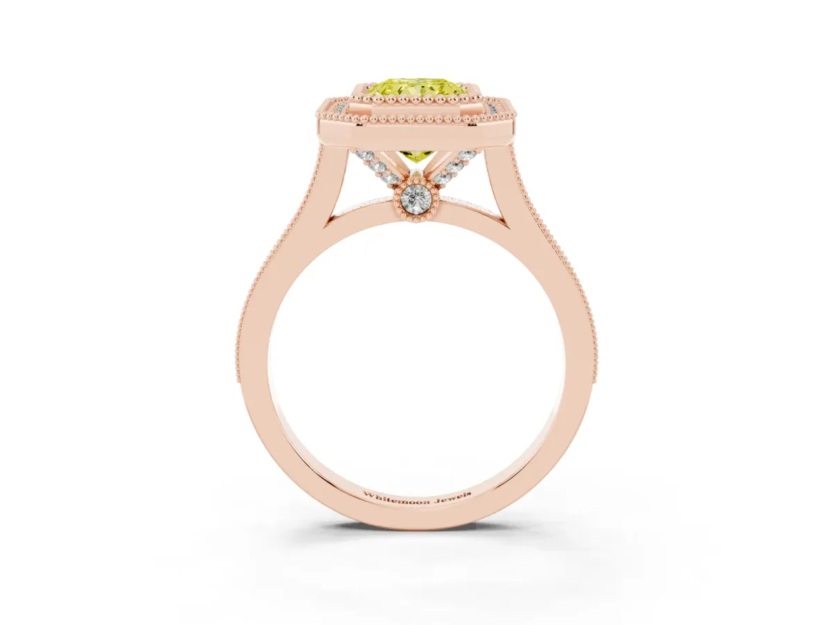 Fancy Yellow Radiant Cut Diamond Halo Ring with Milgrain Frame and Pavé Band Rose gold