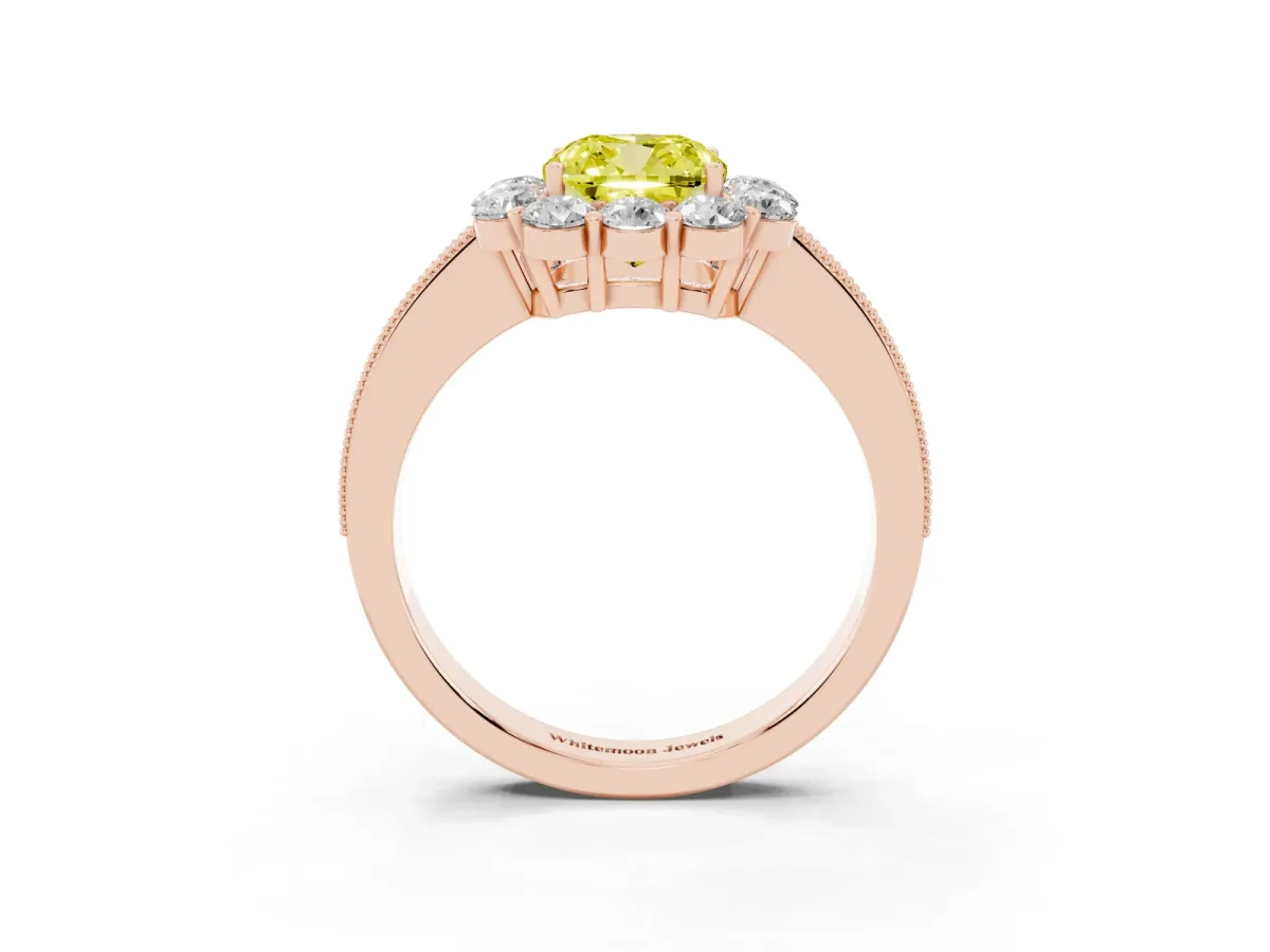 Fancy Yellow Cushion Cut Cut Halo Diamond Pavé Engagement Ring with Milgrain Detailing Rose gold