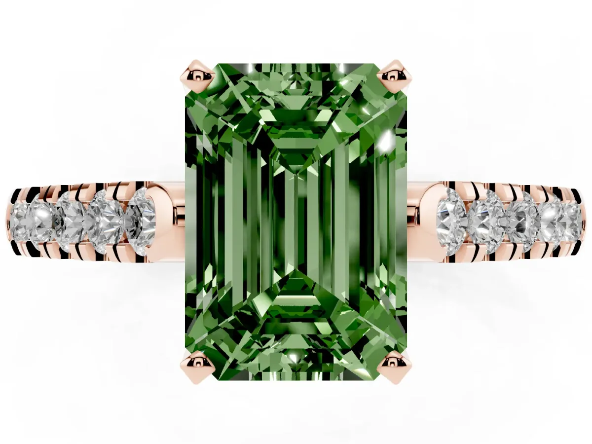 Fancy Green Emerald Cut Diamond Pavé Band Solitaire Ring with Prong Setting Rose gold