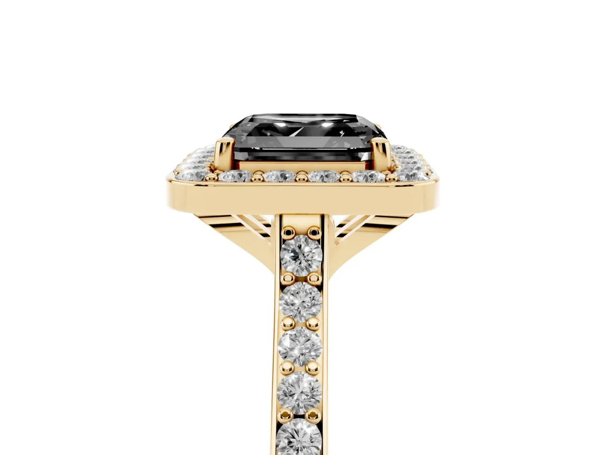 Fancy Black Asscher Cut Diamond Halo Engagement Ring with Round Pavé Shoulders and Prong Setting Yellow gold