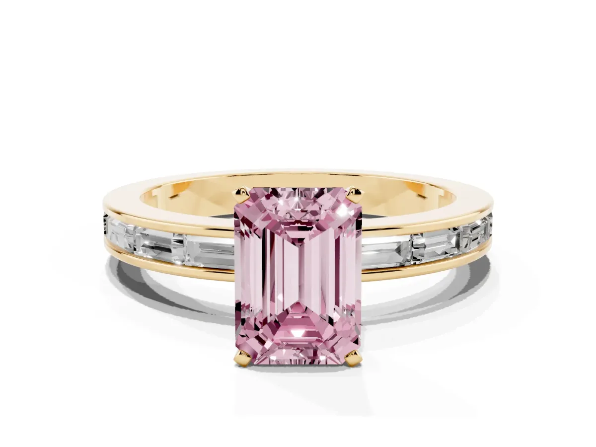 Fancy Pink Emerald Cut Solitaire Diamond Ring with Channel-Set Baguette Band and Four-Prong Setting Yellow gold
