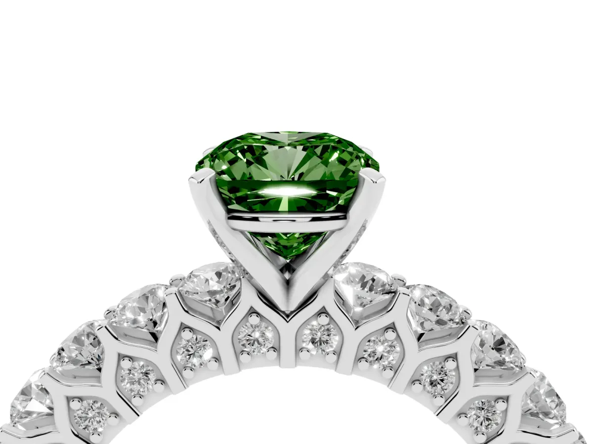 Fancy Green Cushion Cut Diamond Solitaire Ring with Shared Prong Pavé Band and Four-Prong Setting Silver