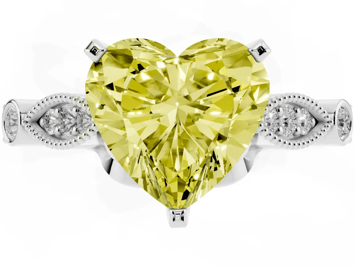 Fancy Yellow Heart Cut Cut Diamond with Milgrain Marquise and Bezel Accents on a Solitaire Band with Prong Setting White gold
