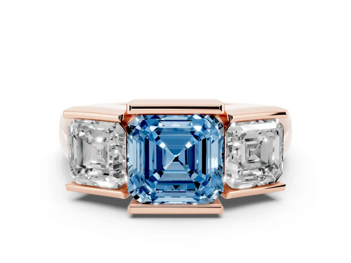 Fancy Blue Three Stone Asscher Cut Cut Channel Set Diamond Ring Rose gold