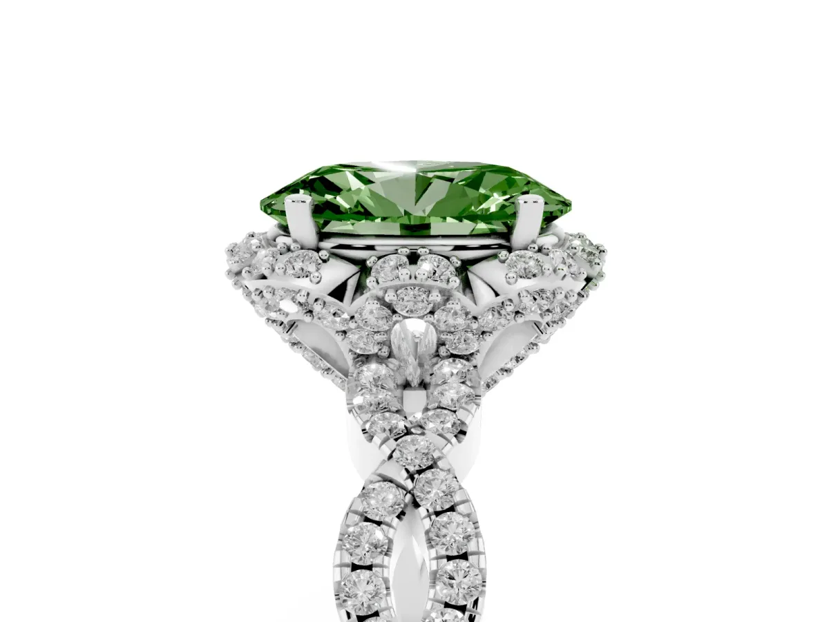 Fancy Green Oval Cut Halo Twist Band Solitaire Ring with Six-Prong Setting Silver