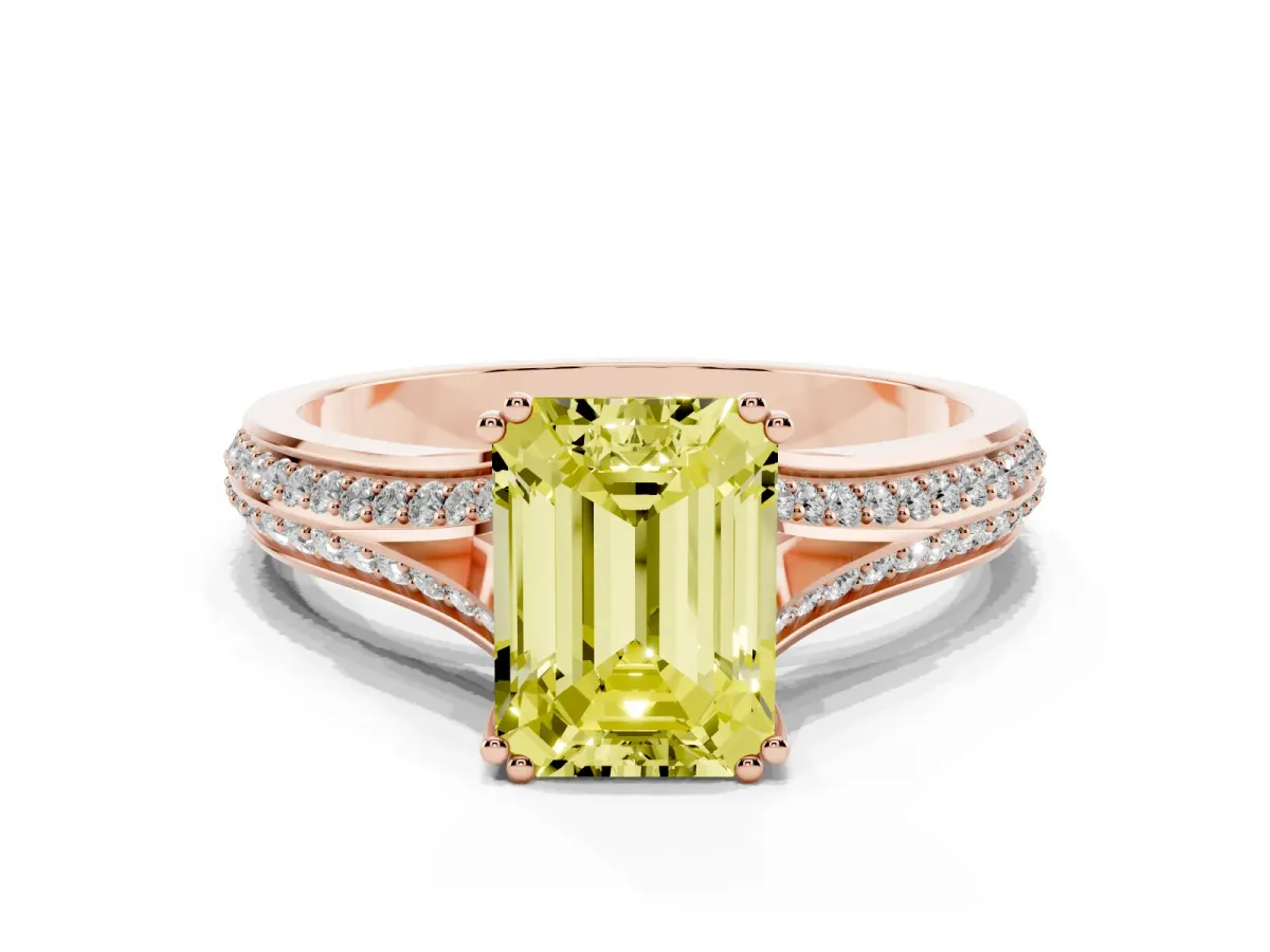 Fancy Yellow Emerald Cut Diamond Split Shank Engagement Ring with Pavé Band Rose gold