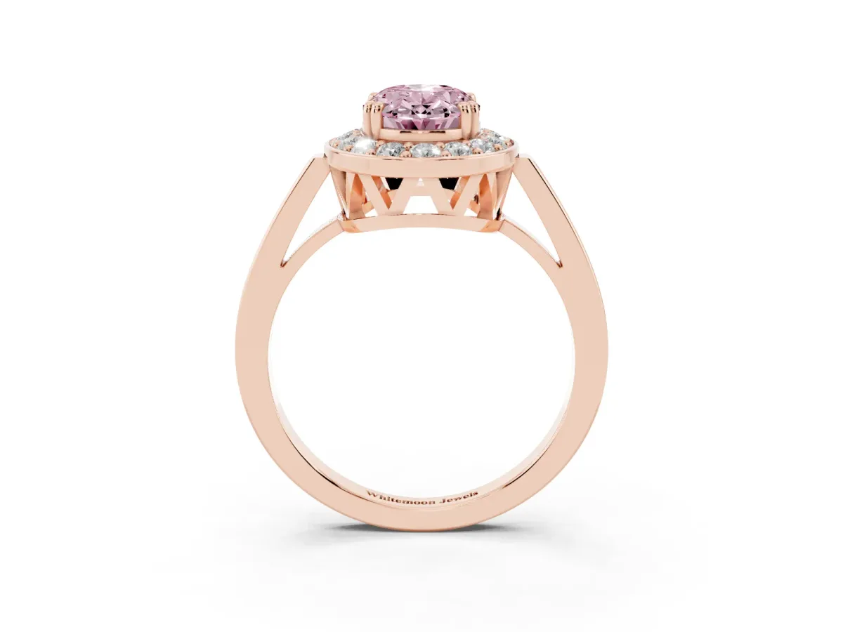 Fancy Pink Oval Cut Diamond Halo Ring with Split Shank and Four-Prong Setting Rose gold