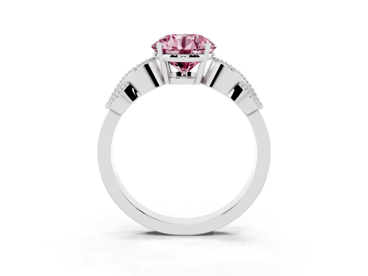 Fancy Pink Round Cut Solitaire Milgrain Leaf Band with Prong Setting Silver