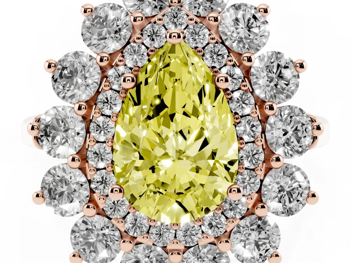 Fancy Yellow Pear Cut Diamond Floral Double Halo Engagement Ring with Prong Setting Rose gold