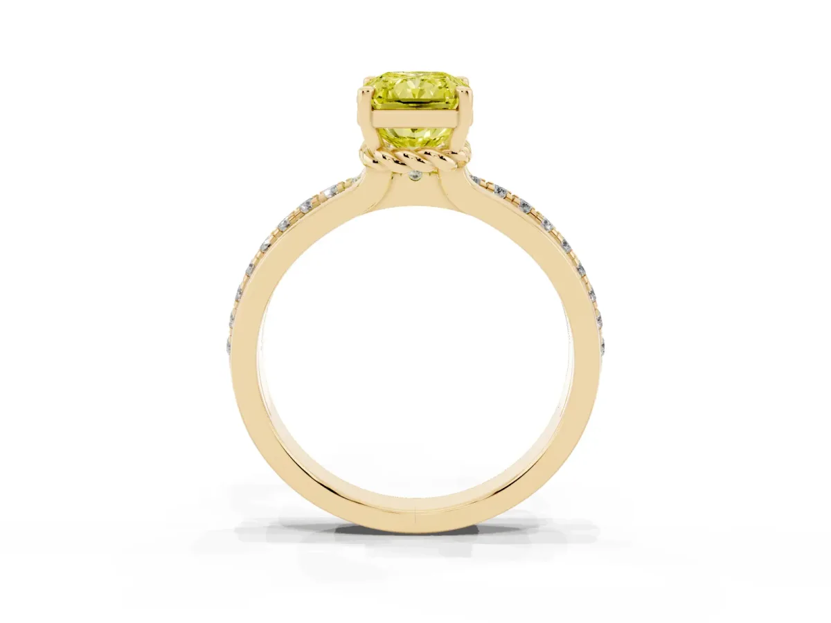 Fancy Yellow Radiant Cut Solitaire Diamond Ring with Channel Set Band and Six-Prong Setting Yellow gold