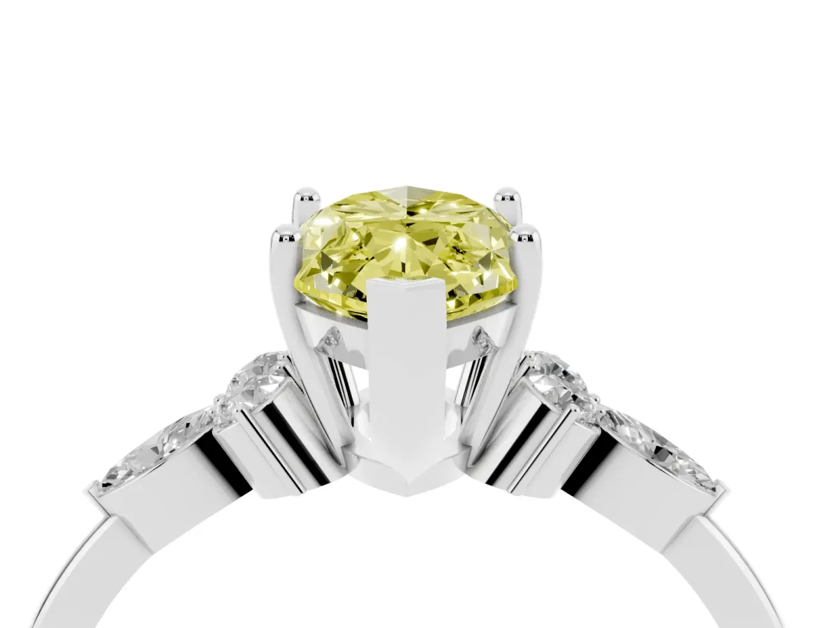 Fancy Yellow Marquise Cut Brilliant Diamond Solitaire Ring with Pear Side Stones and Four-Prong Setting White gold